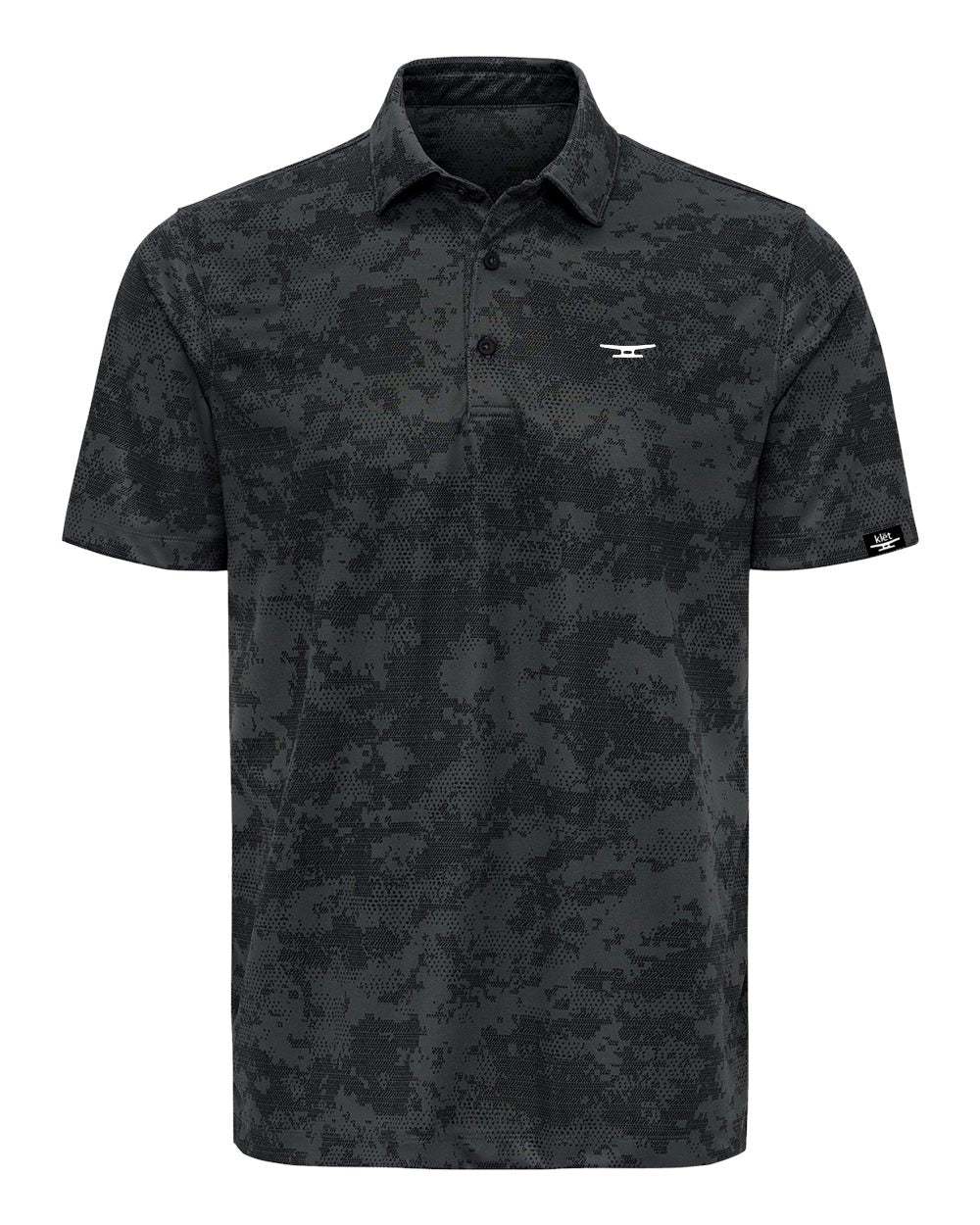 Klēt Monterey Digi Performance Polo shirt in dark camo pattern with three-button placket and moisture-wicking, wrinkle-resistant fabric