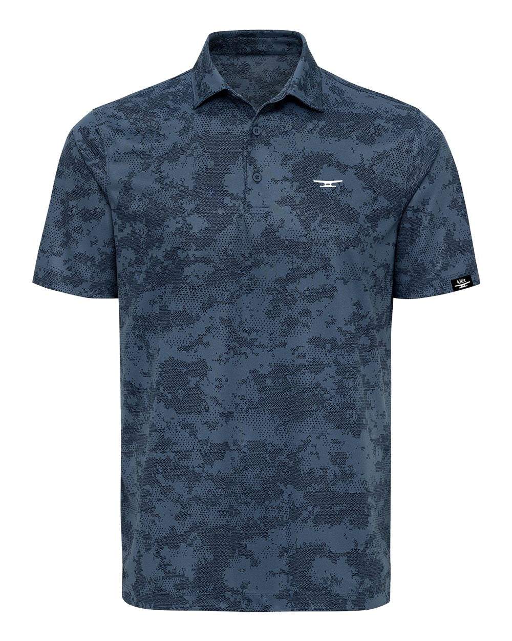 Klēt Monterey Digi performance polo shirt in navy digital camo pattern with moisture-wicking and wrinkle-resistant fabric