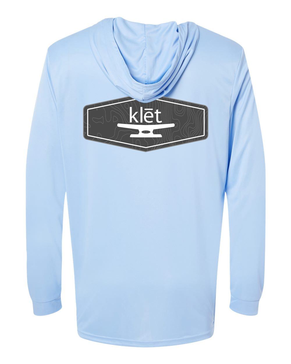 Light blue Klēt Bahama performance long sleeve hoodie with black logo on back, made of lightweight microfiber polyester with UPF 50+ protection and moisture management.