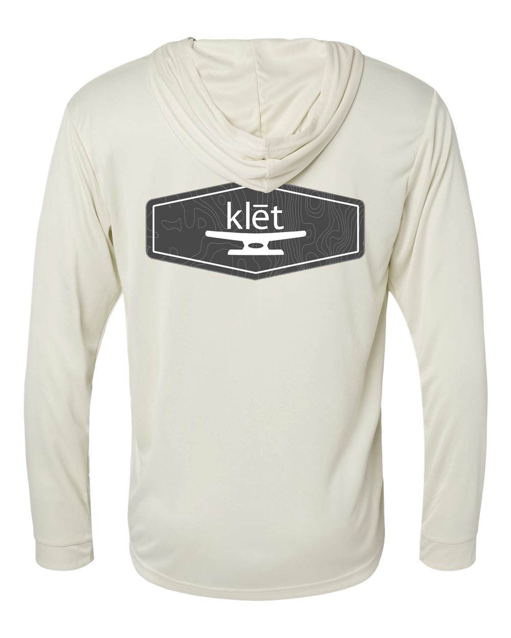 Back view of Klēt Bahama Performance Long Sleeve Hoodie in light color with logo print on upper back, lightweight and designed for sun protection and moisture management