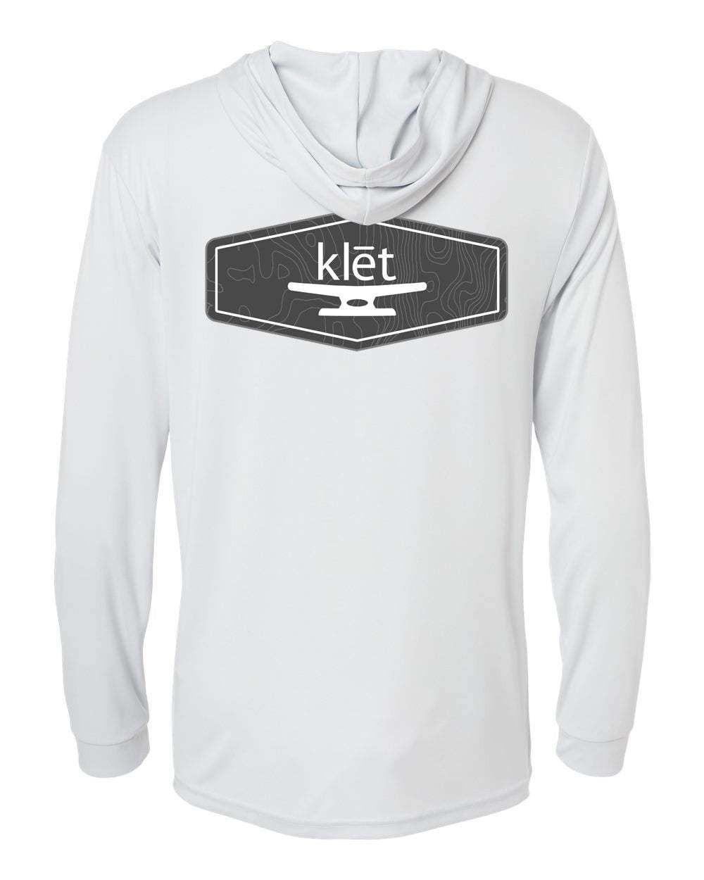 White Klēt Bahama performance long sleeve hoodie with black logo, lightweight microfiber polyester, UPF 50+ protection, moisture-wicking and wrinkle-resistant design