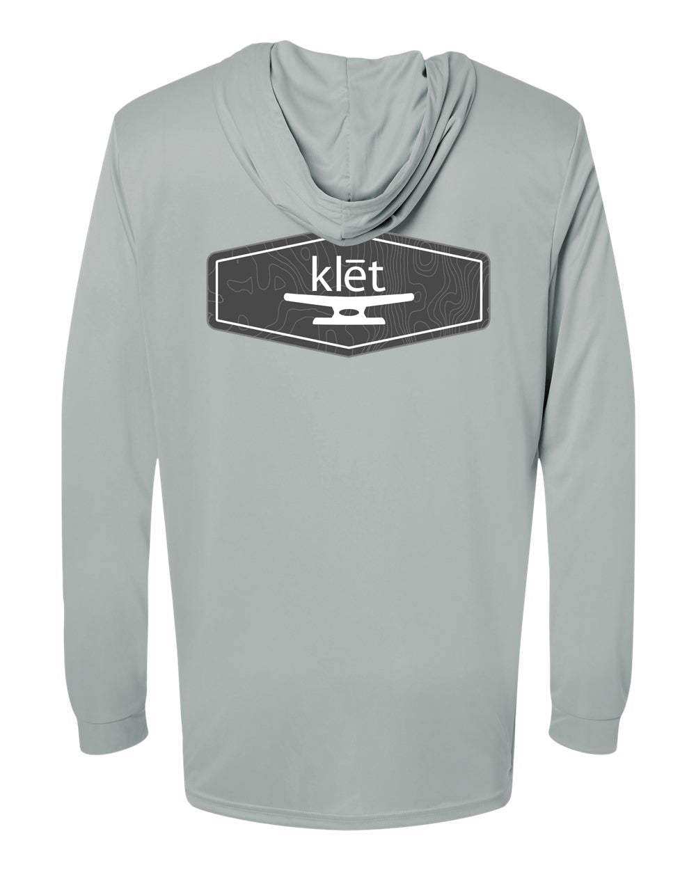 Back view of Klēt Bahama Performance Long Sleeve Hoodie in light gray with logo design on the upper back