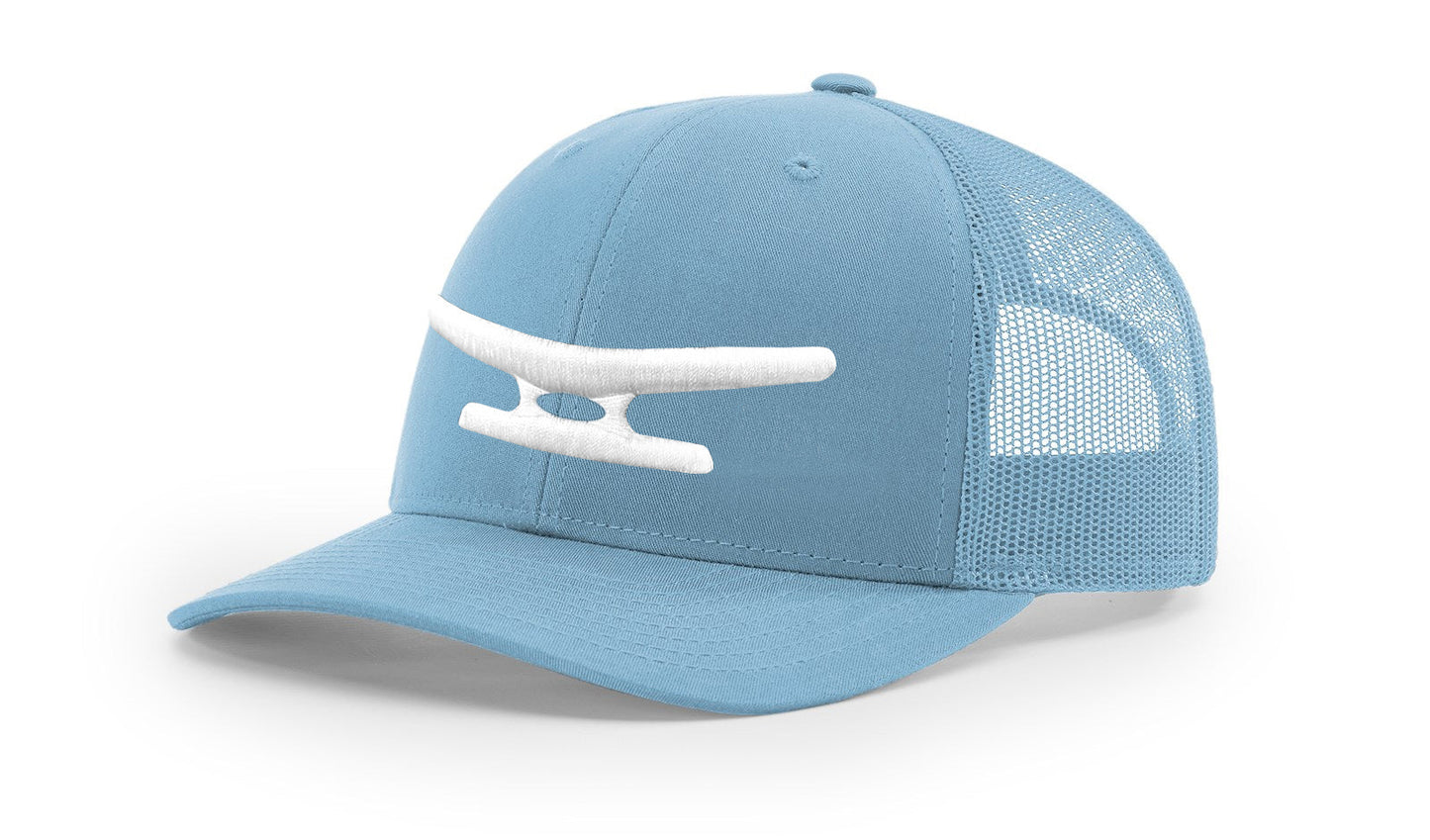Light blue mesh trucker hat with white puff embroidery monogram on front panel