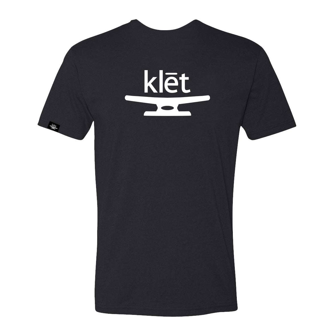 Black Klēt Brand T-Shirt with white nautical logo on back, made of lightweight cotton blend, unisex design.