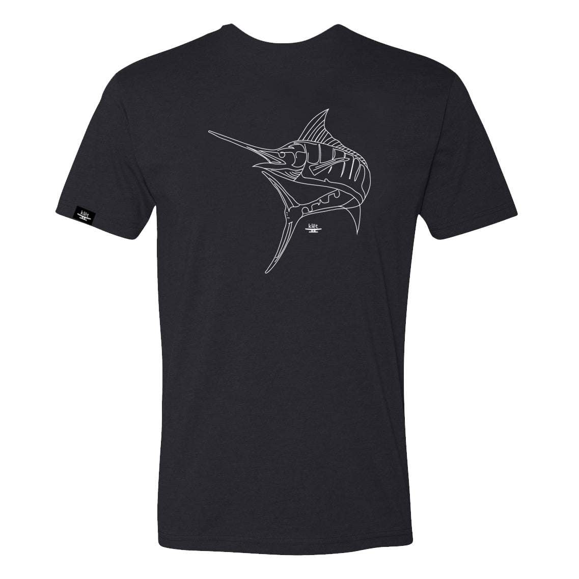 Black Klēt Sketchy Marlin T-Shirt with white marlin sketch design, combed ringspun cotton and polyester blend, rib-knit collar