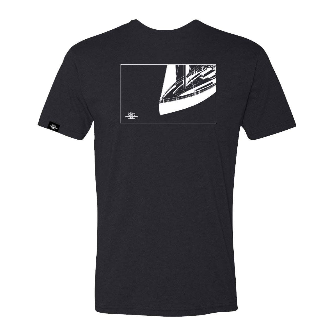 Black Klēt Sail Away T-shirt with white sailboat graphic and rib-knit collar