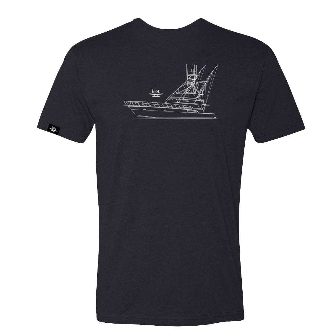 Black Klēt Sportfish T-Shirt with white sportfishing yacht line art on the back and Klēt logo on sleeve.