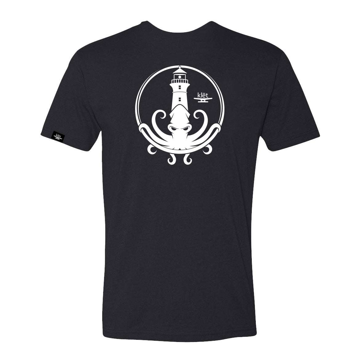 Black Klēt Octo Lighthouse T-shirt with white octopus and lighthouse graphic, 60% cotton, 40% polyester, soft fabric. Klēt - Octo Lighthouse