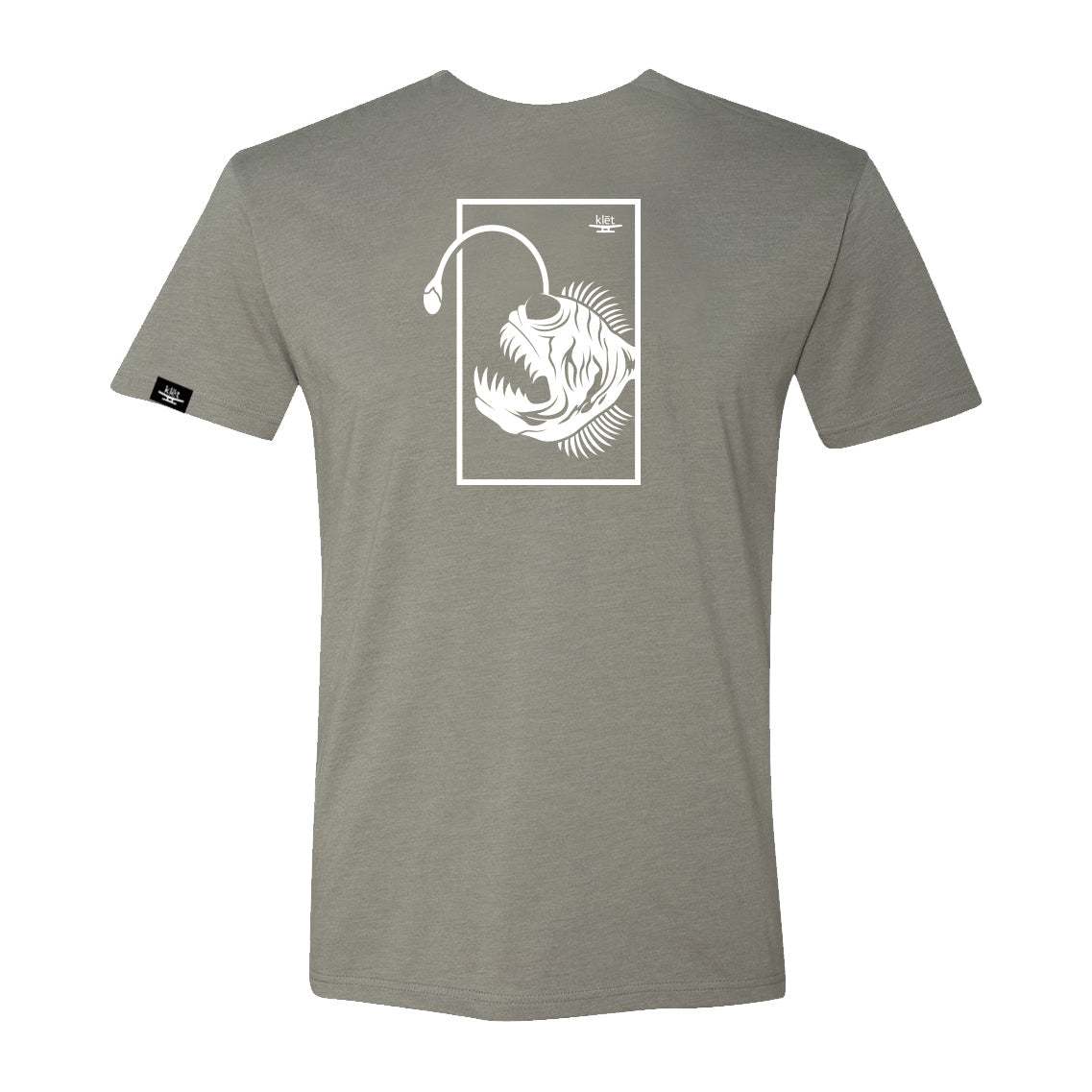 Back view of Klēt Angry Angler T-Shirt in gray with white fierce fish graphic and angler design.