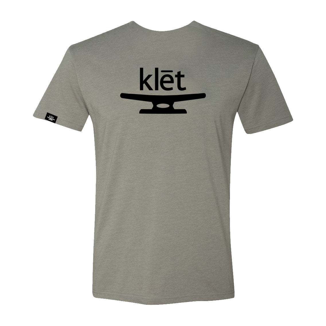 Gray Klēt brand t-shirt with black logo and design on back, made from lightweight cotton blend fabric.