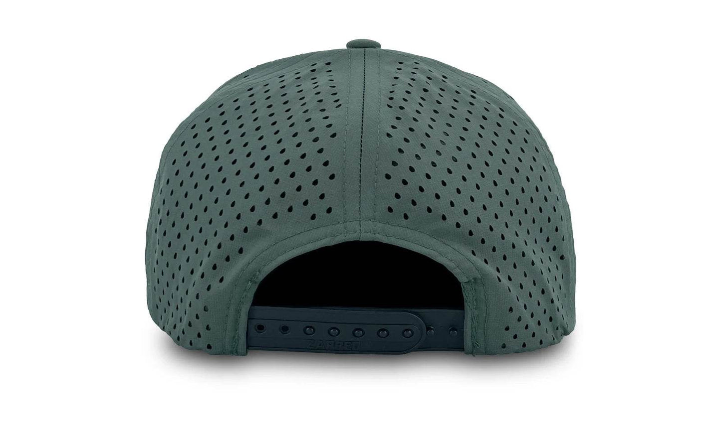 Back view of Klēt Osprey green flatbill perf hat with perforated panels and snapback closure