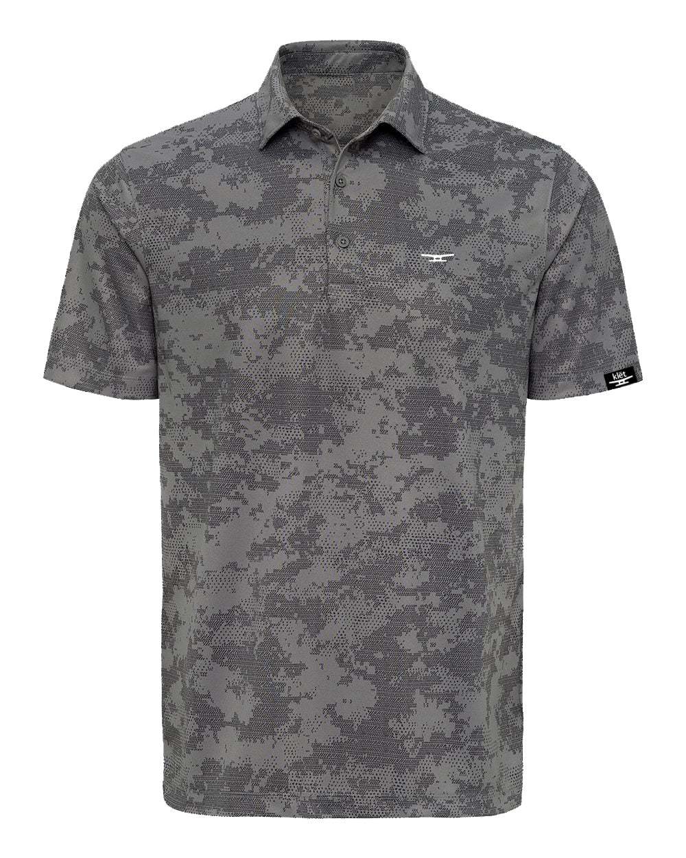 Gray digital camo performance polo shirt with moisture-wicking and wrinkle-resistant fabric Klēt - Monterey Digi