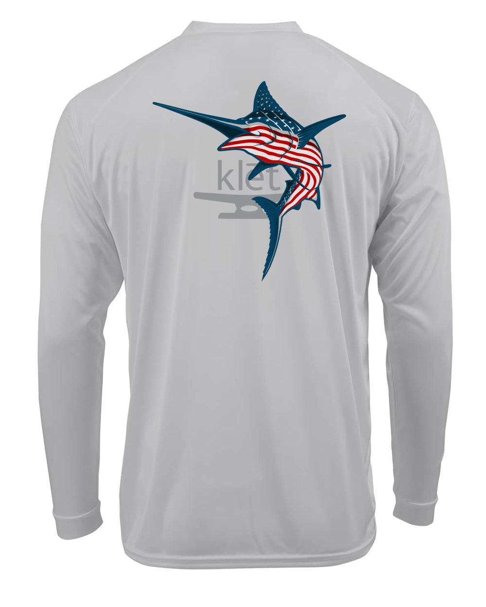 Klēt American Marlin limited edition long sleeve performance shirt with American flag marlin design on back and UPF 50+ protection