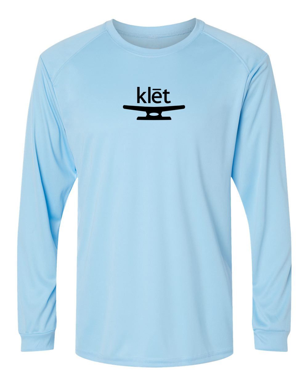 Light blue Klēt OG Long Islander performance long sleeve T-shirt with black logo on chest, made from moisture-wicking polyester with UPF 50+ protection