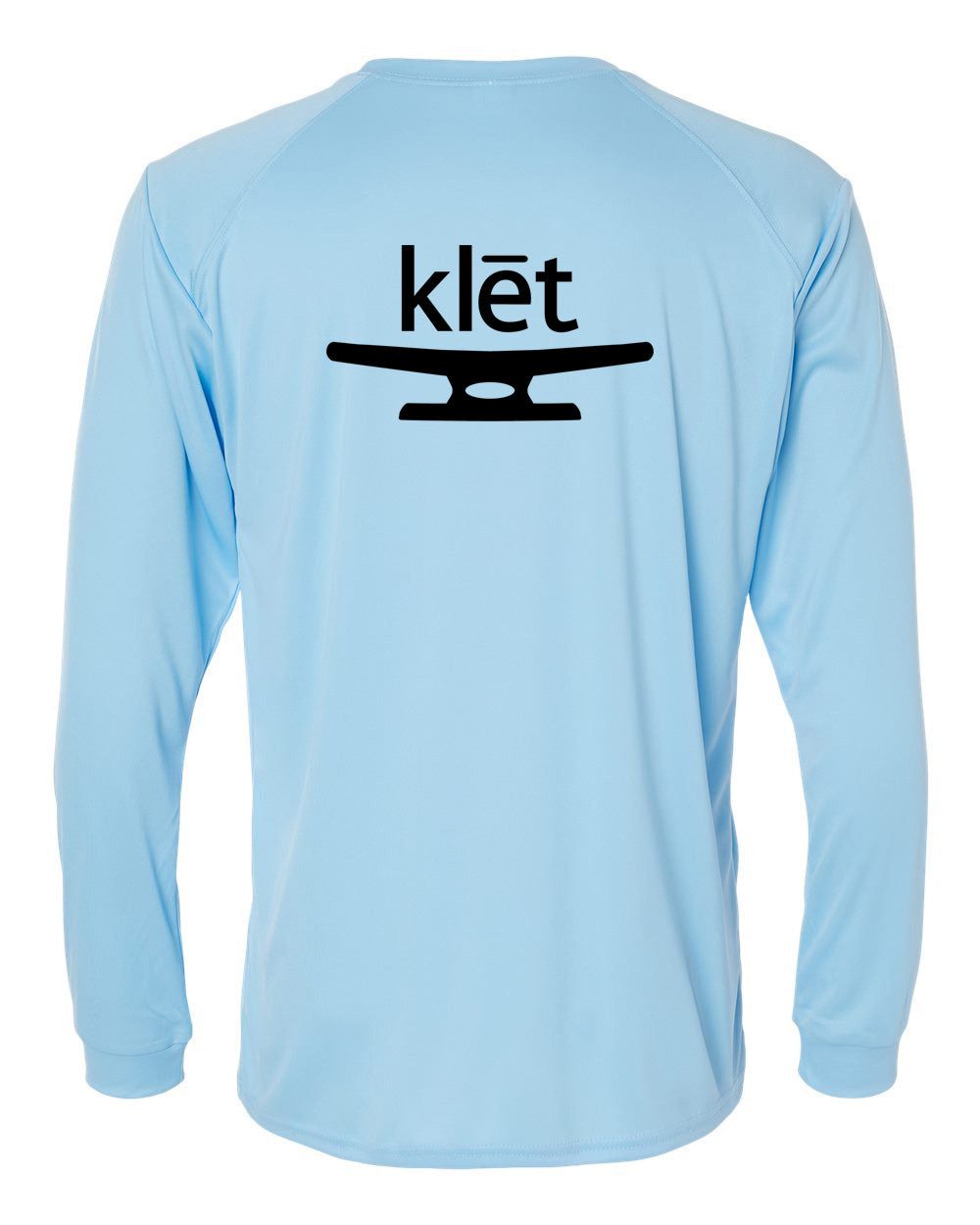 Light blue Klēt OG Long Islander performance long sleeve T-shirt with black logo on back, made of lightweight moisture-wicking polyester with UPF 50+ protection.