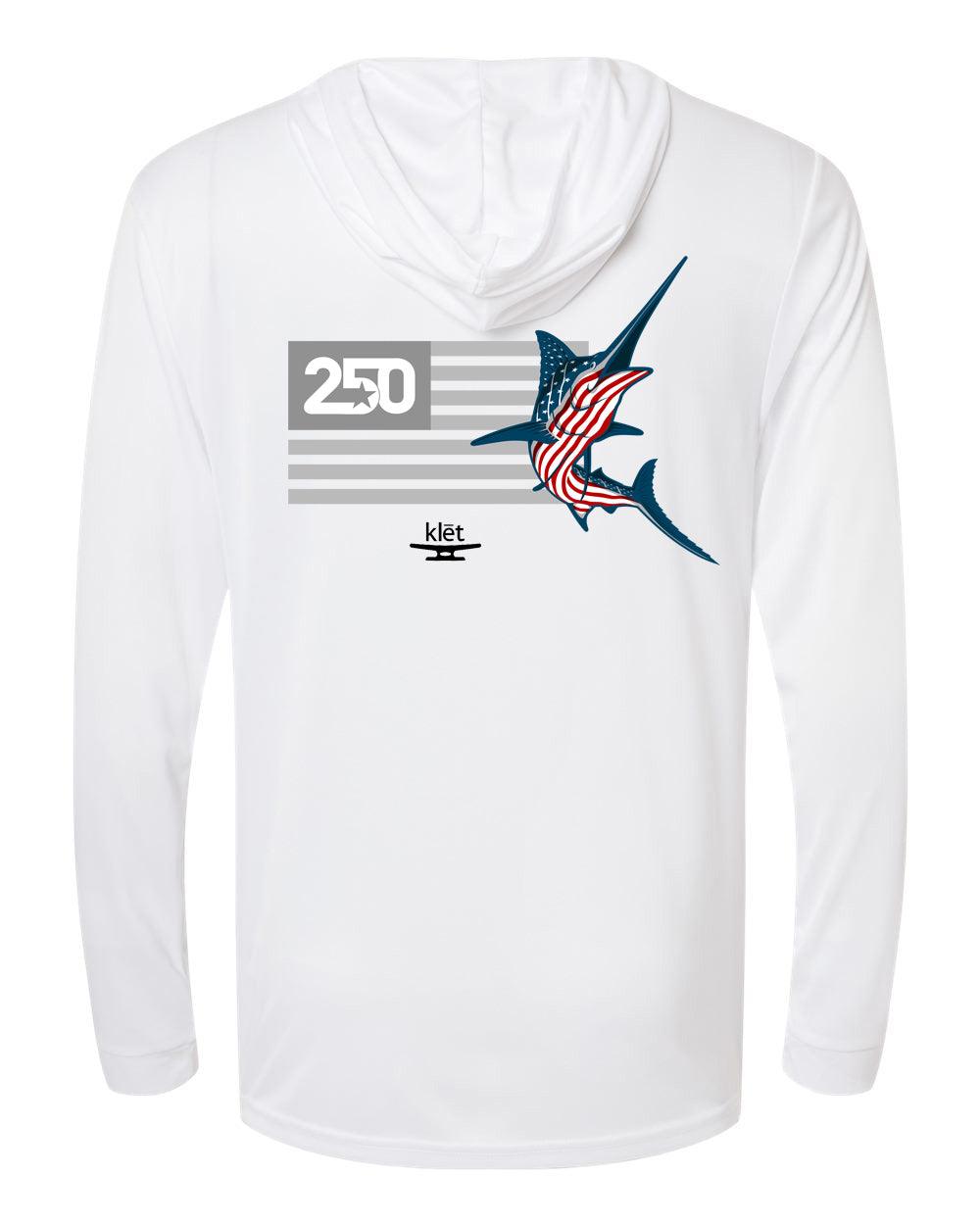 Klēt limited edition America 250 Performance Hoodie with patriotic billfish design celebrating 250 years of American freedom and adventure