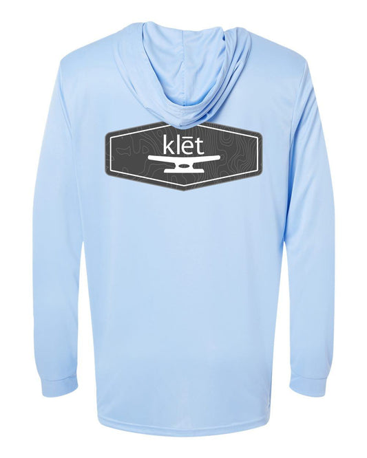 Light blue Klēt Bahama performance long sleeve hoodie with black logo on back, made of lightweight microfiber polyester with UPF 50+ protection and moisture management.