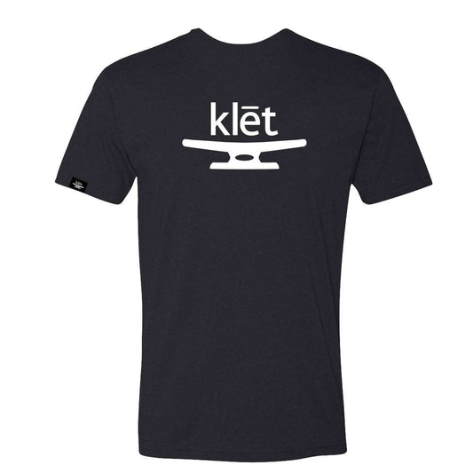 Black Klēt Brand T-Shirt with white nautical logo on back, made of lightweight cotton blend, unisex design.