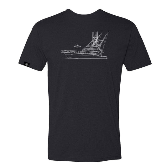 Black Klēt Sportfish T-Shirt with white sportfishing yacht line art on the back and Klēt logo on sleeve.