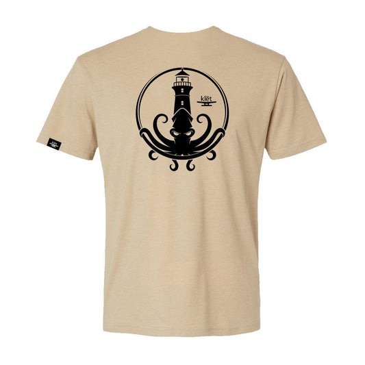 Beige Klēt Octo Lighthouse T-shirt with black octopus and lighthouse graphic on the back, made of 60% cotton and 40% polyester.