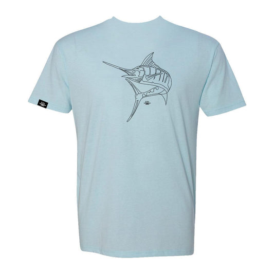 Light blue Klēt Sketchy Marlin T-Shirt with black marlin sketch on front, 60% combed ringspun cotton and 40% polyester jersey blend.