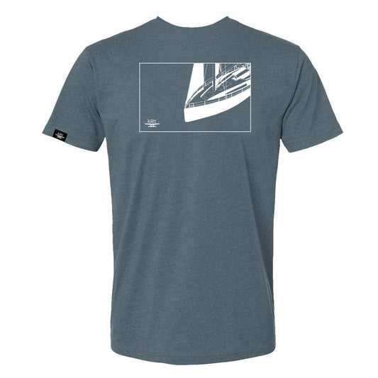 Blue Klēt - Sail Away T-Shirt with white sailboat graphic on back, made of 60% cotton and 40% polyester jersey