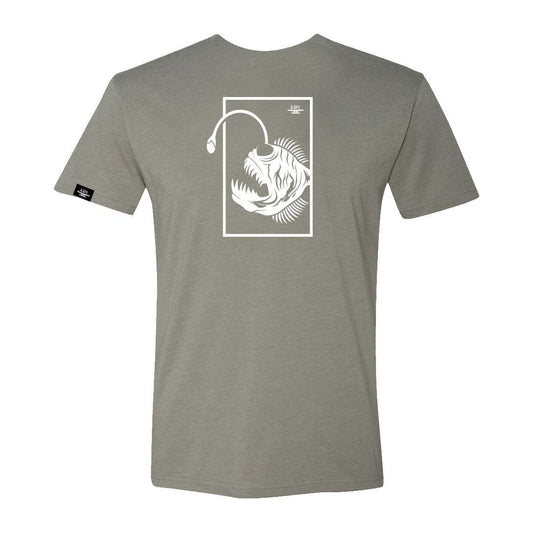 Back view of Klēt Angry Angler T-Shirt in gray with white fierce fish graphic and angler design.