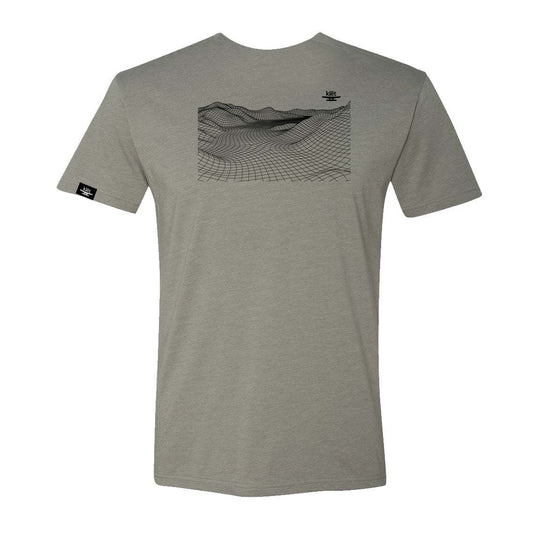 Klēt Middle Grounds T-Shirt gray cotton blend with black abstract grid landscape design and rib-knit collar
