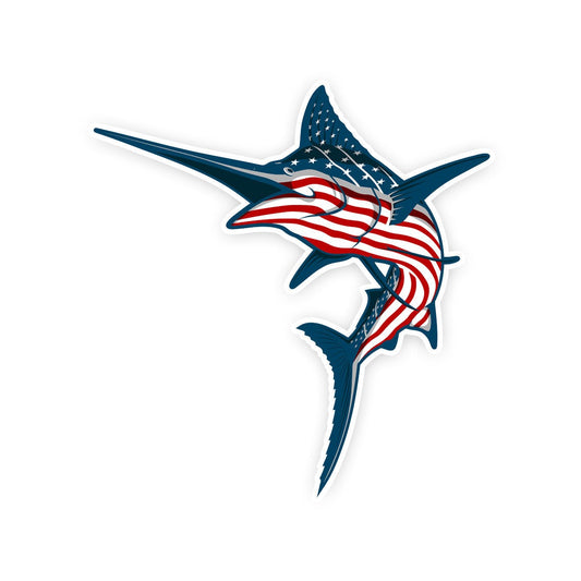 Klēt America Stripe Marlin Sticker 8-inch featuring American flag design on marlin shape for cars and boats