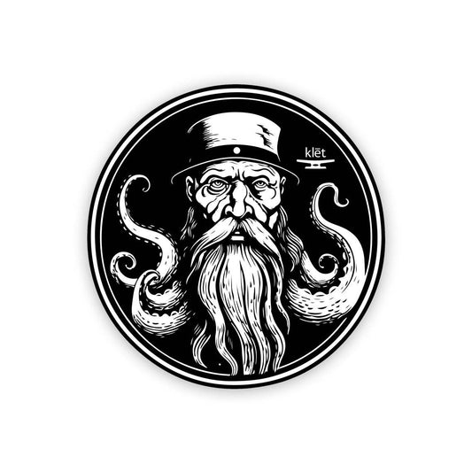 Old Salt Sticker featuring a detailed black and white illustration of an old sailor with a long beard, wearing a hat, inside a 4-inch round design