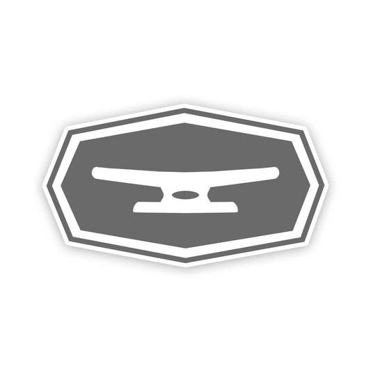 Klēt patch sticker 6-inch with skateboard truck design in gray and white