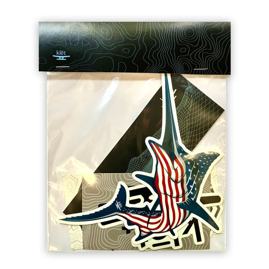 Klēt Sticker Pack with seven assorted designs including an American flag-themed bird sticker in sealed clear packaging Klēt - Sticker Pack