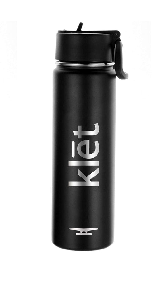 Black stainless steel Klēt Drifter Travel Water Bottle with leak-proof lid and laser-etched logo, insulated for hot and cold drinks.