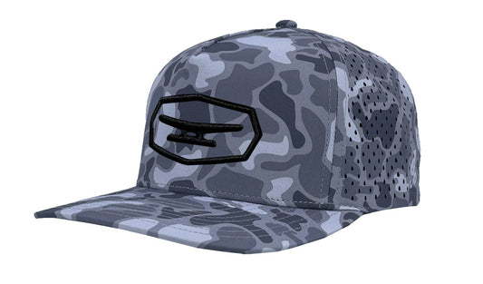 Klēt Commodore Camo grey camouflage cap with black embroidered logo and breathable side panels