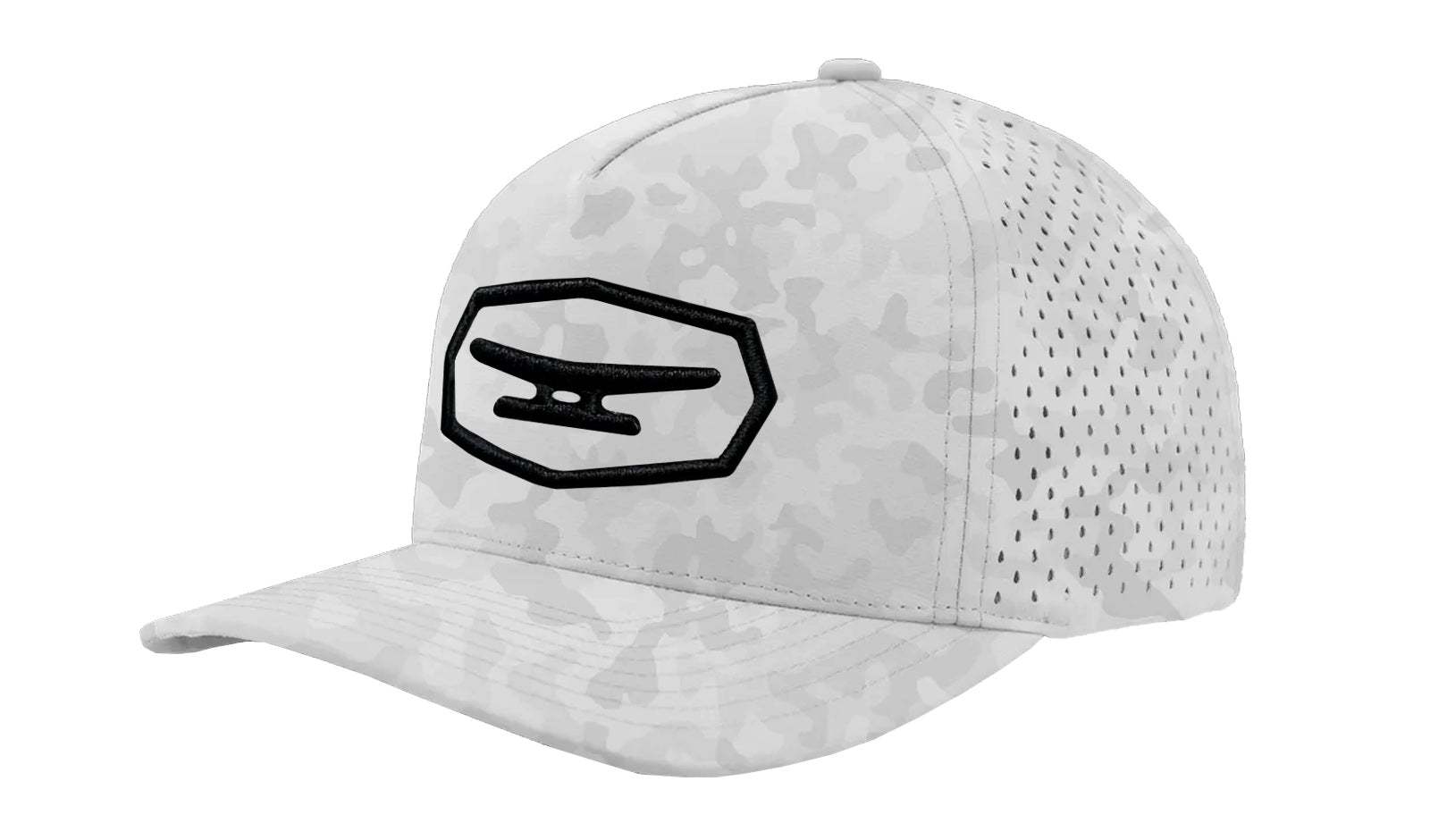 GHOST Camo Monogram snapback cap with durable polyester shell and perforated holes for airflow in white camo design