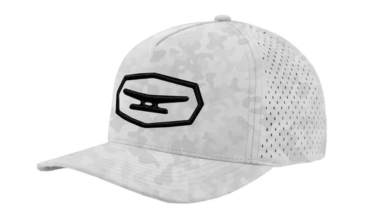 GHOST Camo Monogram snapback cap with durable polyester shell and perforated holes for airflow in white camo design