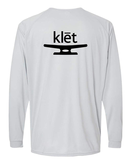 Klēt OG Long Islander white performance long sleeve shirt with black logo on back and UPF 50+ protection