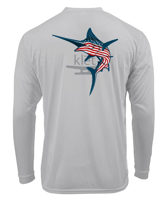 Klēt American Marlin limited edition long sleeve performance shirt with American flag marlin design on back and UPF 50+ protection