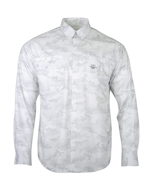 Klēt - Buxton Longsleeve Button white camo polyester shirt with UPF 40+ and moisture management
