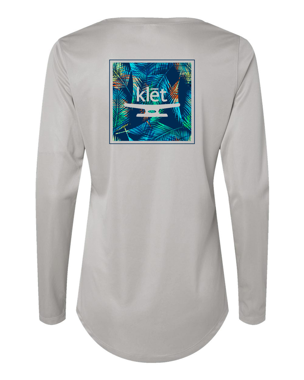 Women's Long Islander Performance Long Sleeve T-Shirt in light gray with tropical graphic back print