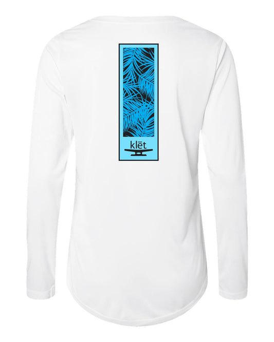 Klēt - Vertigo Women's white long sleeve performance shirt with blue leaf design on back